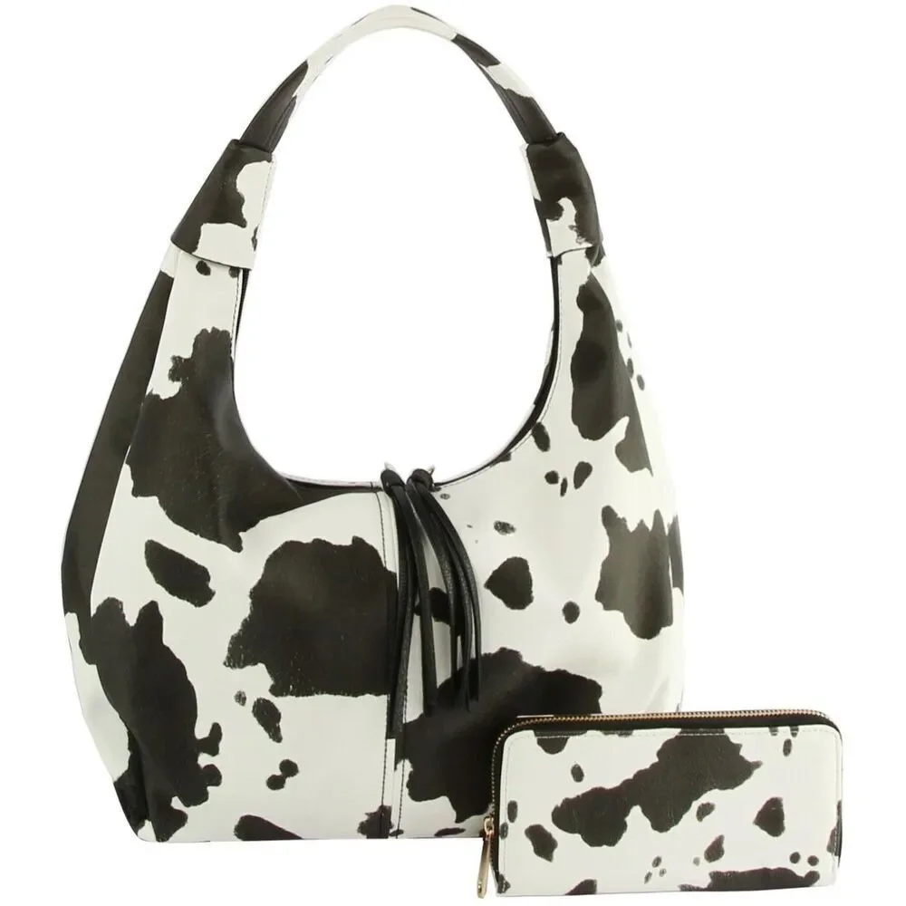 Women's Cow Print Hobo Bag for Women Top Handle Satchel With Wallet